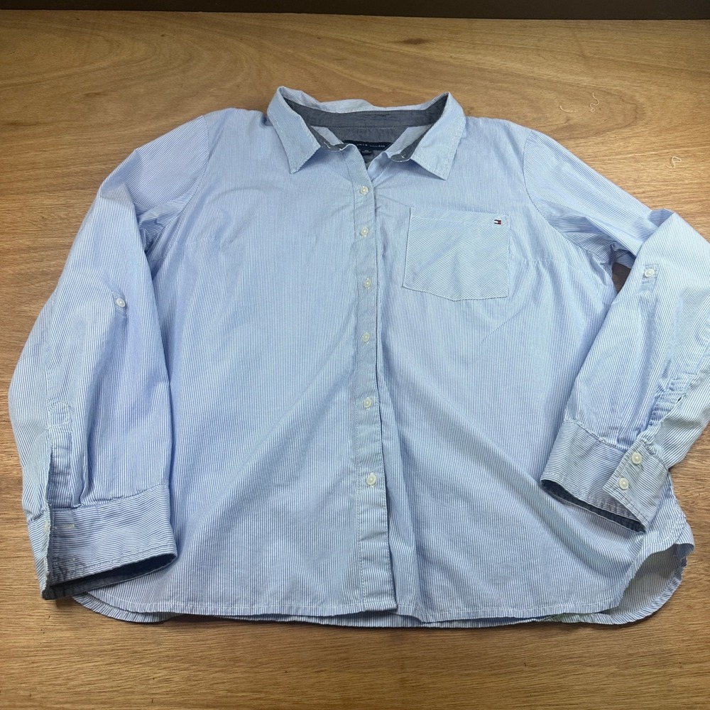 Tommy Hilfiger Womens XXL Blue White Pinstripe Button Front Cotton Shirt